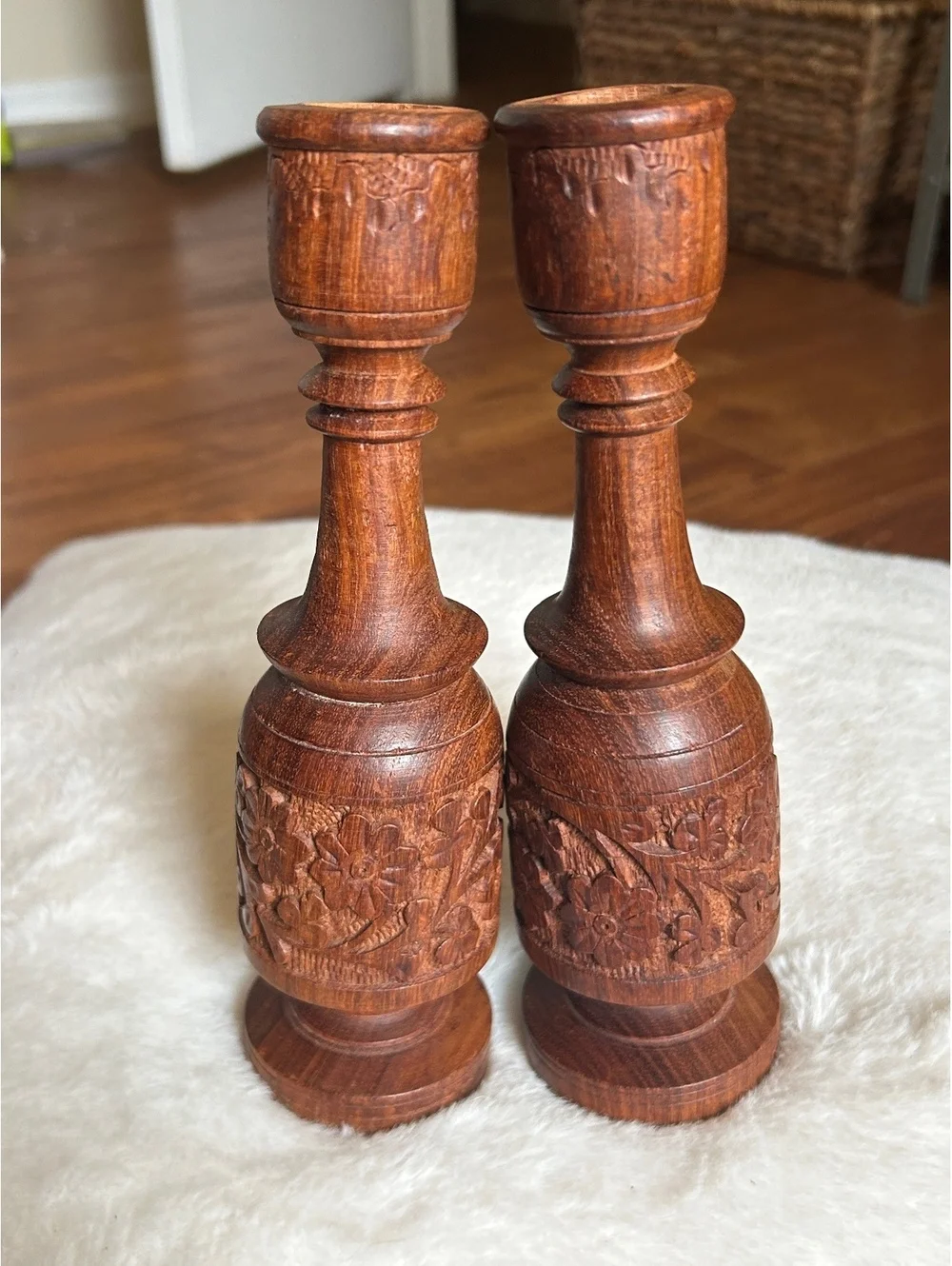 Hand-Carved Wooden Candle Holders Set of 2 from India